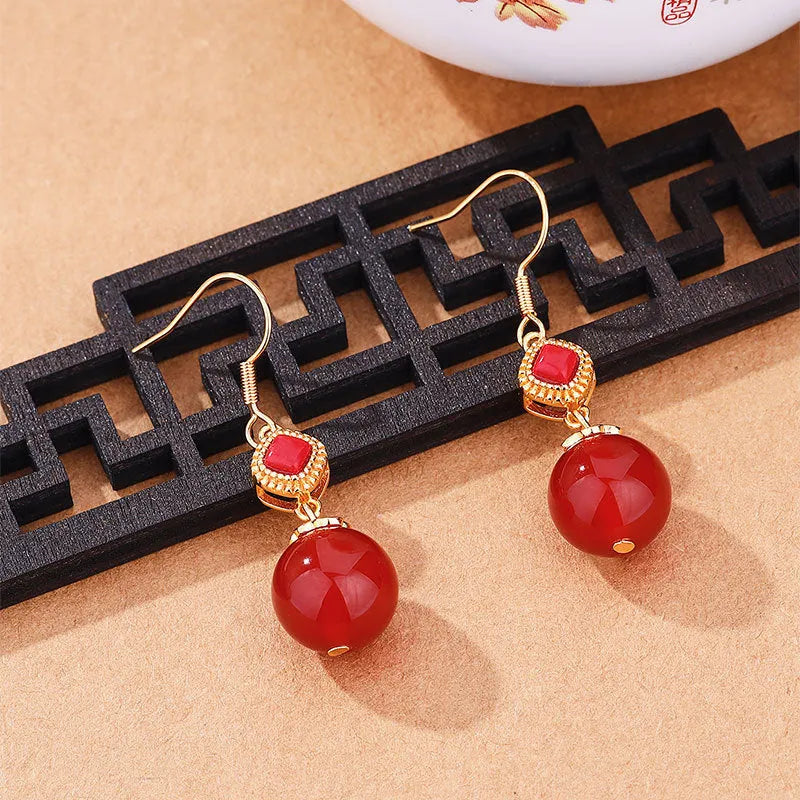 Geometric copper stud earrings with southern red agate beads and jasper inlay featuring S925 sterling silver accents