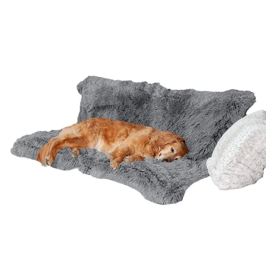 Plush waterproof dog cushion in dark grey, showing soft fabric surface and thick edges.