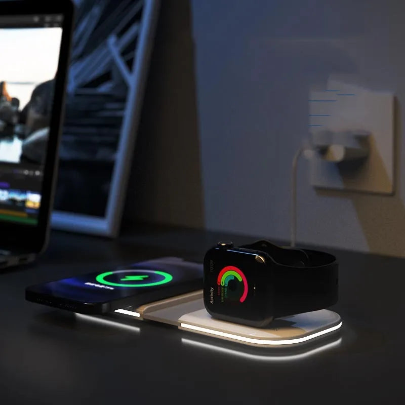 White folding dual magnetic desktop wireless charger with USB Type C ports, 190x11x80 mm, on a desk