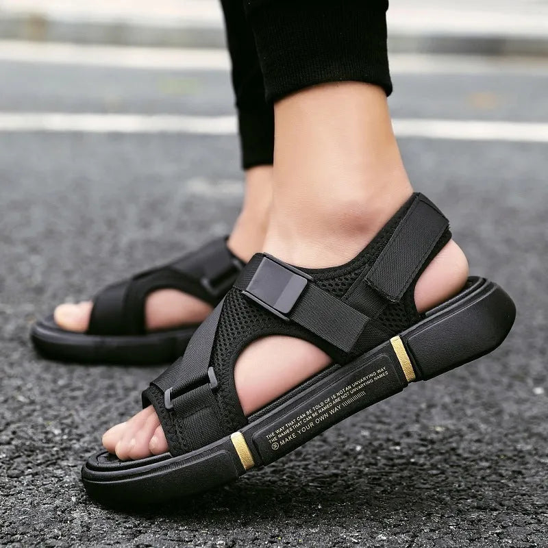 Men's black hair slippers with Velcro closure and open toe for summer beach wear