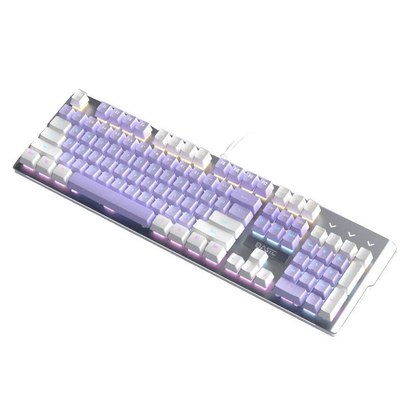 White and purple mechanical keyboard and mouse wired combo set with backlight illumination