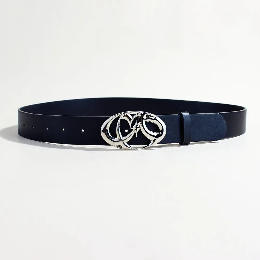 Silver buckle PU leather casual belt with snap button fastening, shown flat