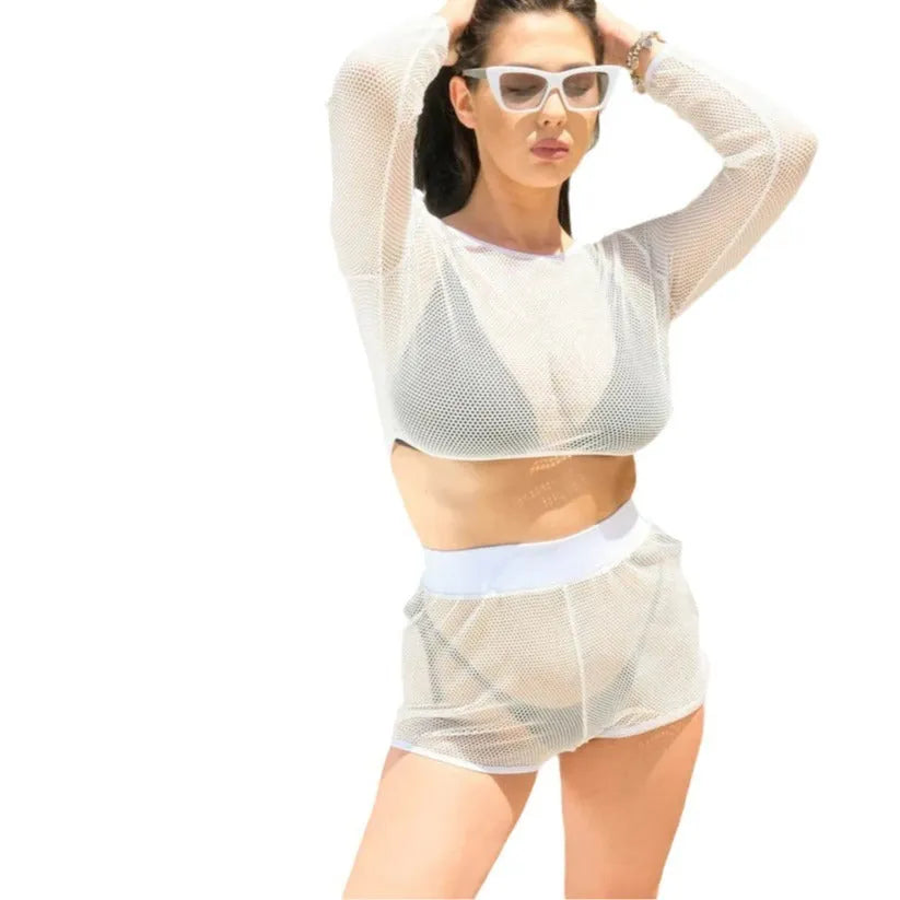 White transparent ladies swimsuit with breathable straps for beach sun protection