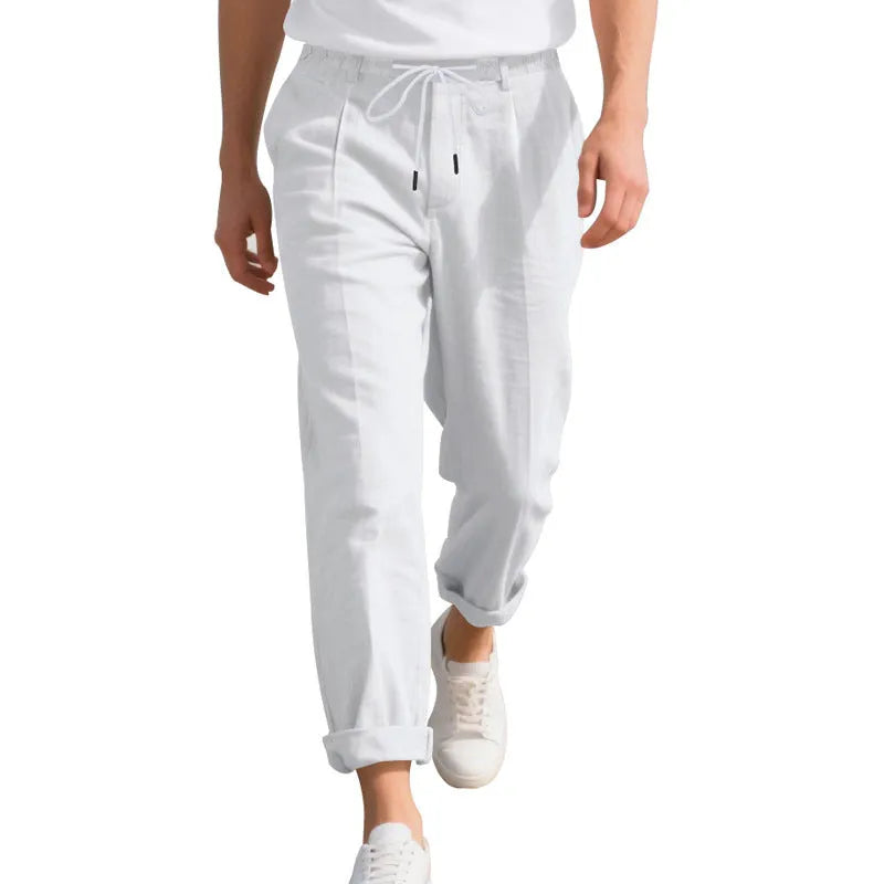 Men's linen trousers with drawstring waist in straight leg design showing army green colour option