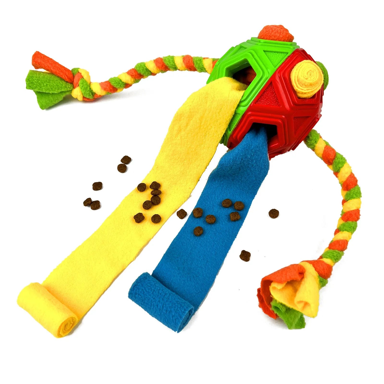 TPE sniffing ball dog puzzle toy showing textured surface with openings for treat dispensing