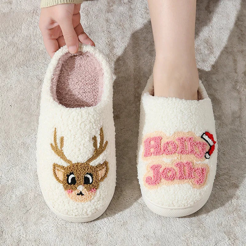 Cartoon gingerbread man winter cotton slippers in plush material with festive design, available in multiple colours and sizes