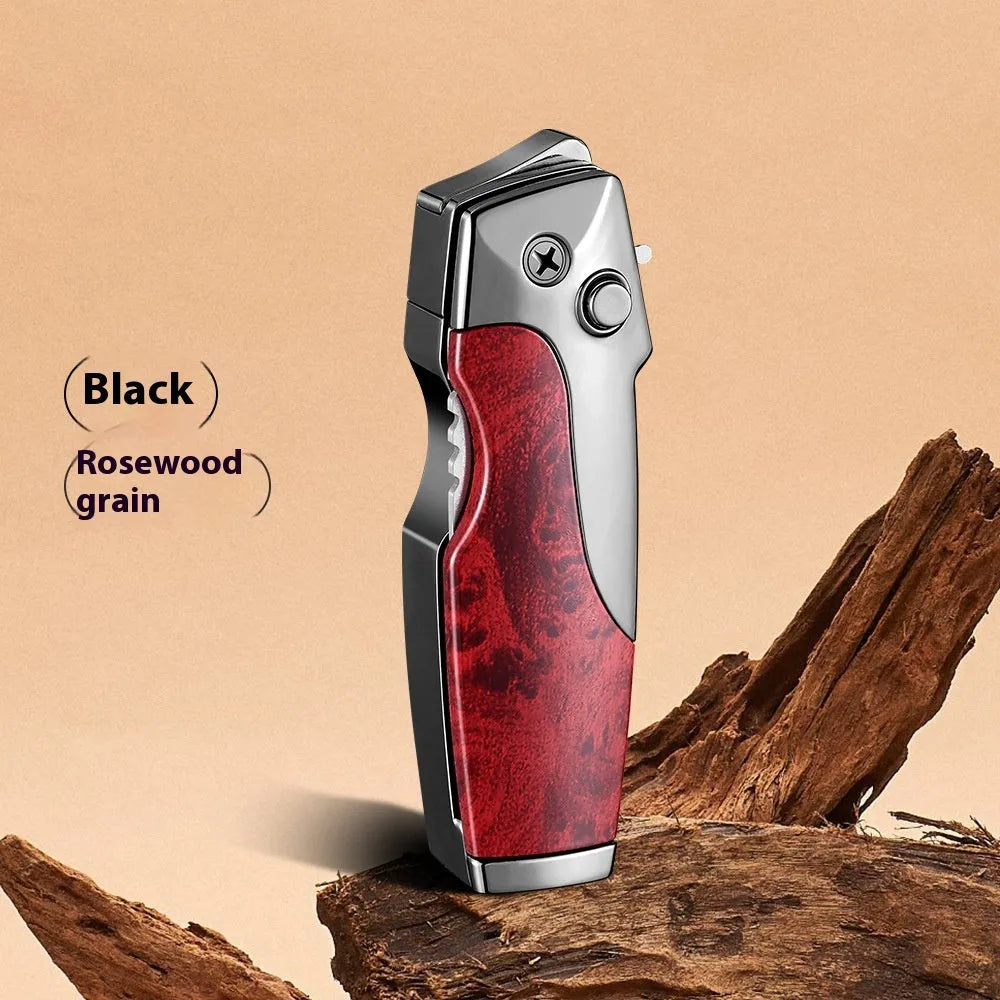 Metal folding lighter with integrated pocket knife tool in a wood grain finish.
