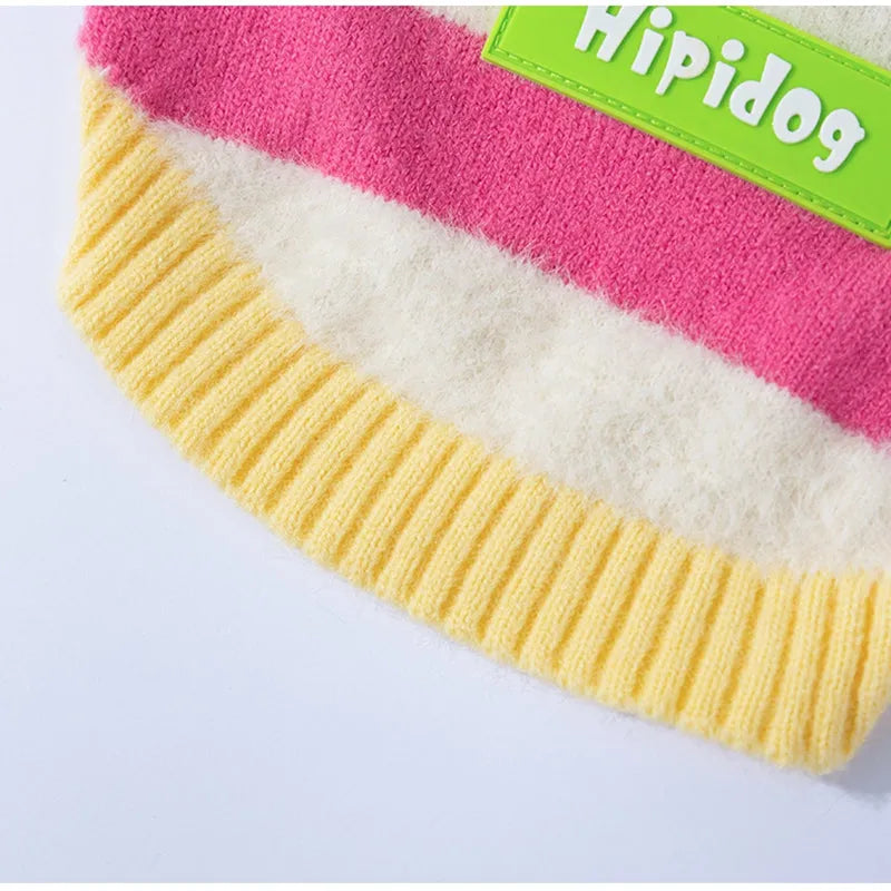 Rainbow apple striped knitted dog pullover sweater for Corgis with apple embroidery, brown and white, autumn winter warm wear.