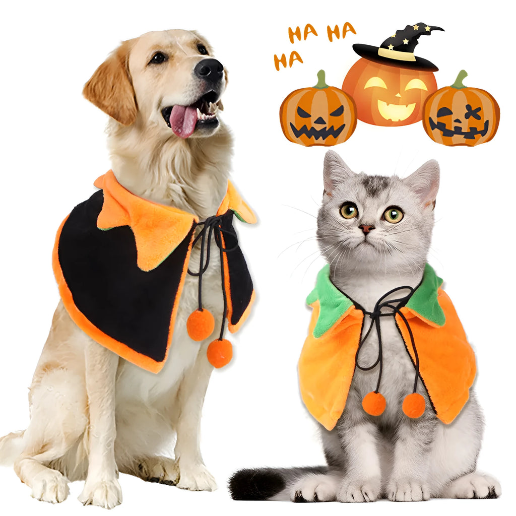 Orange reversible plush Halloween cloak for a dog or cat with pumpkin design.