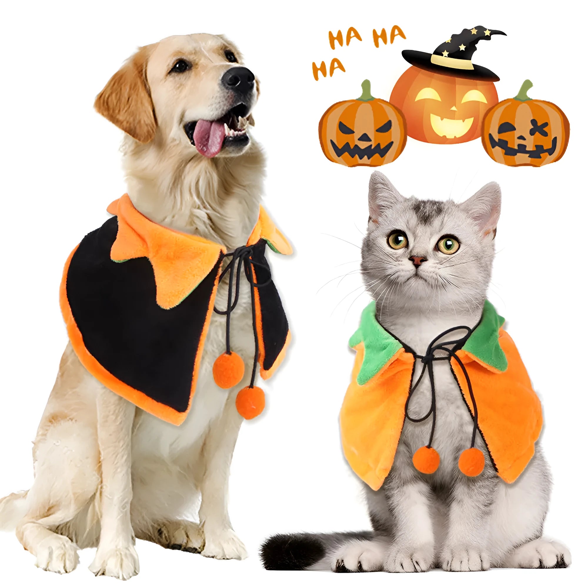 Orange reversible plush Halloween cloak for a dog or cat with pumpkin design.
