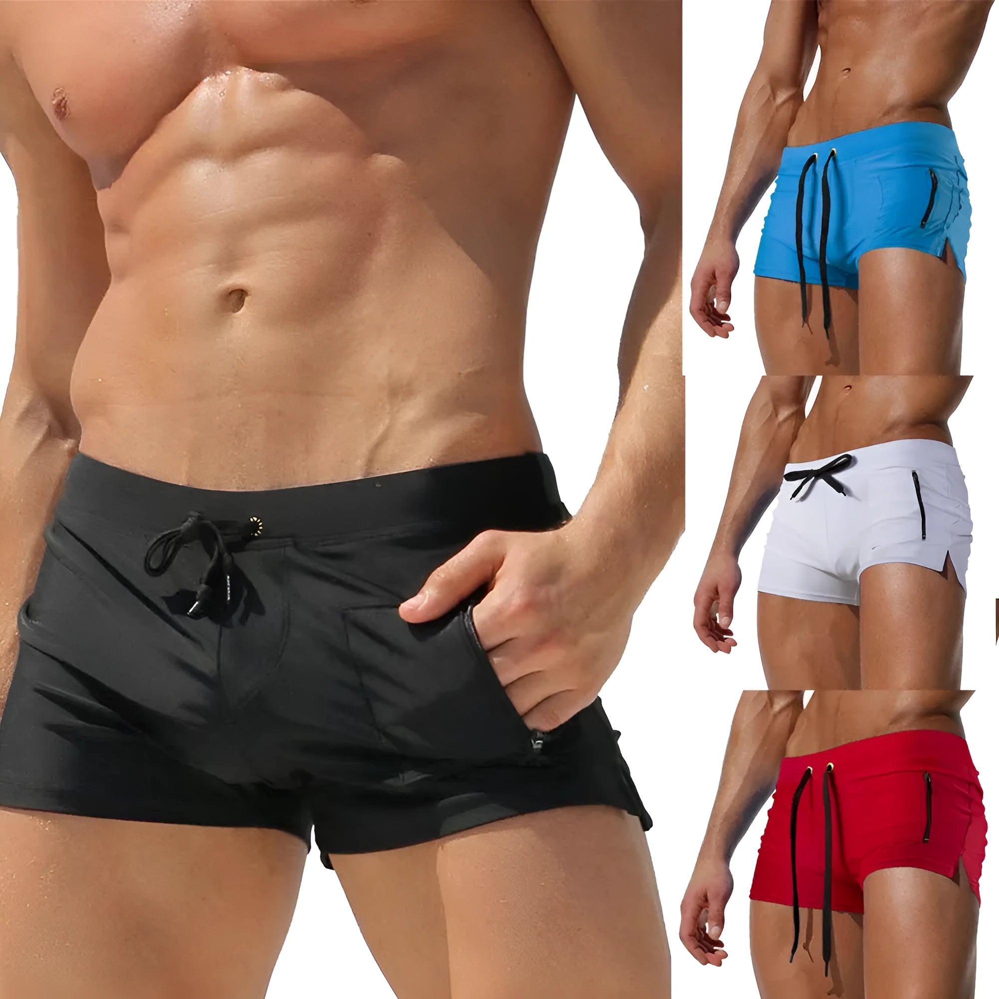 Men's black high-waist polyester swimming trunks with a lace-up front closure.