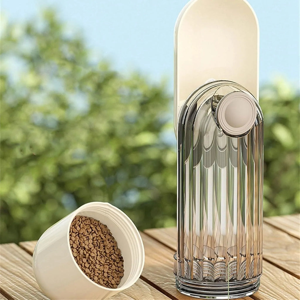 Beige foldable dog water bottle with food dispenser shown extended and collapsed for walking.