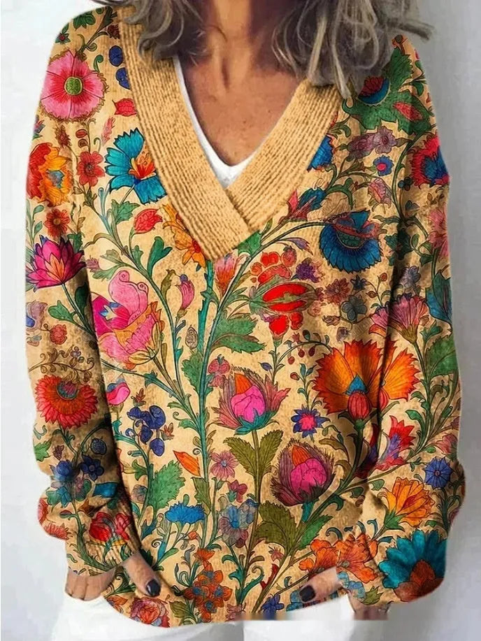 Women's art retro V-neck sweatshirt with a detailed 3D floral pattern print on long sleeves.