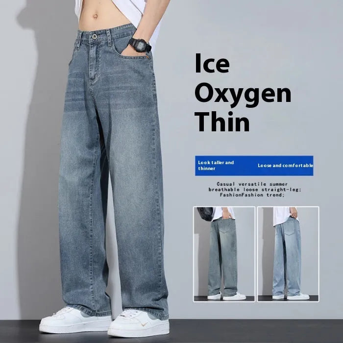 Straight-leg denim casual trousers in thin fabric on a hanger.