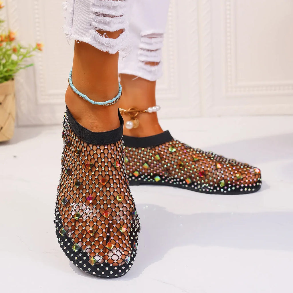 Women's colourful rhinestone mesh flat sandals with round toe design on rubber sole