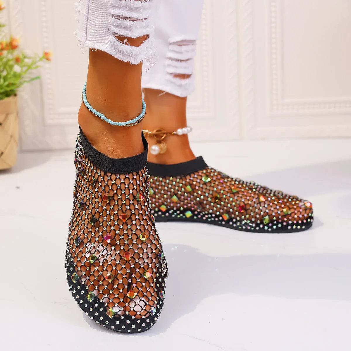 Women's colourful rhinestone mesh flat sandals with round toe design on rubber sole