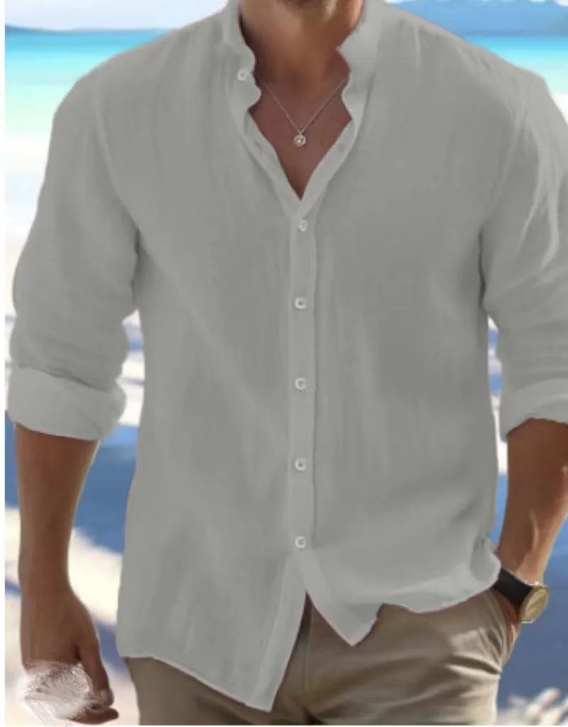 Men's light grey linen pullover shirt made from long-staple cotton for casual summer wear.