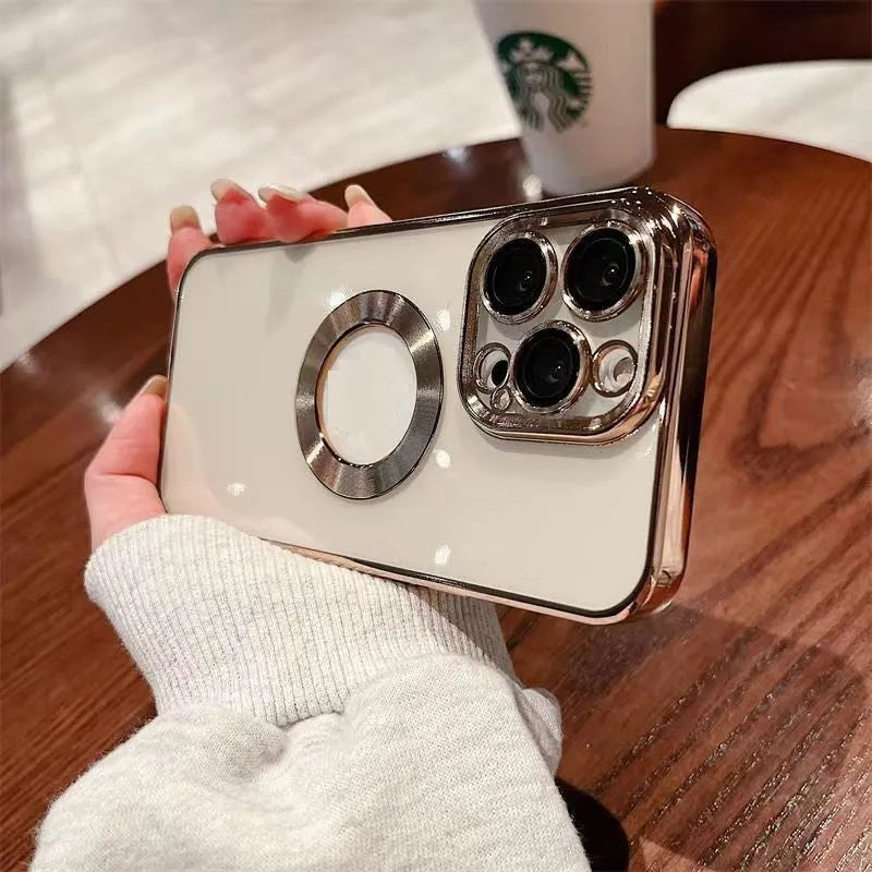 Transparent TPU phone case with electroplated CD pattern for iPhone 14 and 15 series