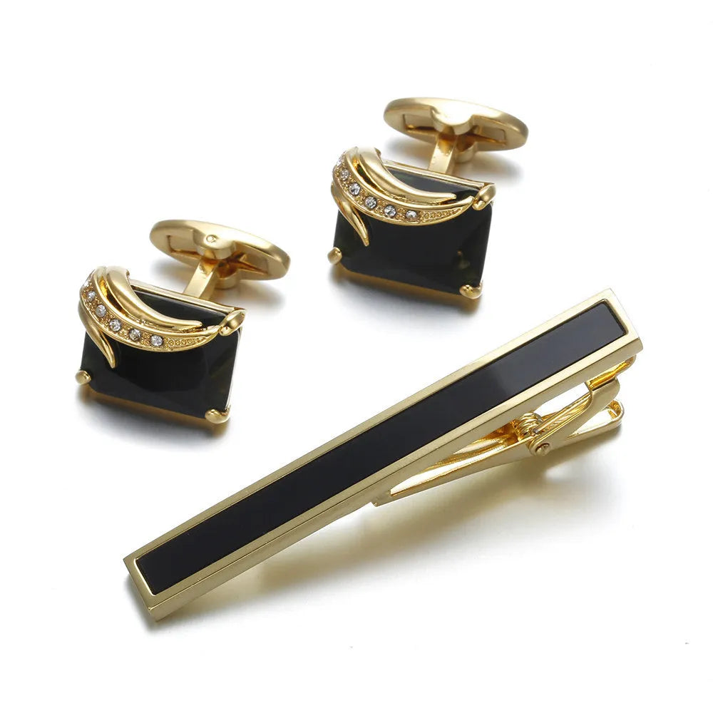 Gold tie clip 60mm and cuff links 18mm set, flat head geometric shape, electroplated copper finish