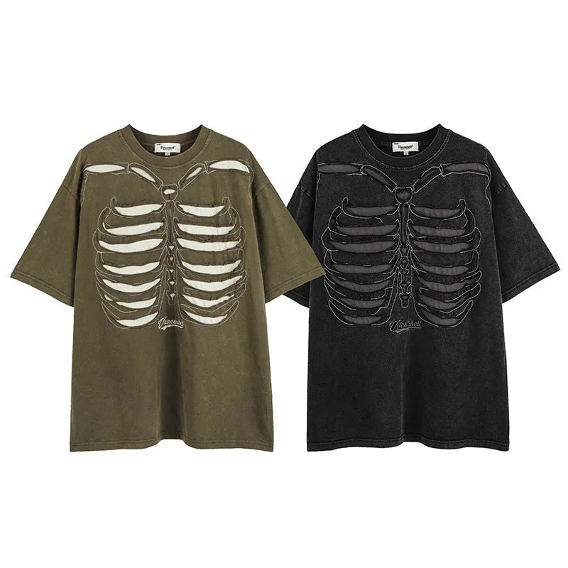 Men's black skull print cotton T-shirt with loose fit and drop shoulder design