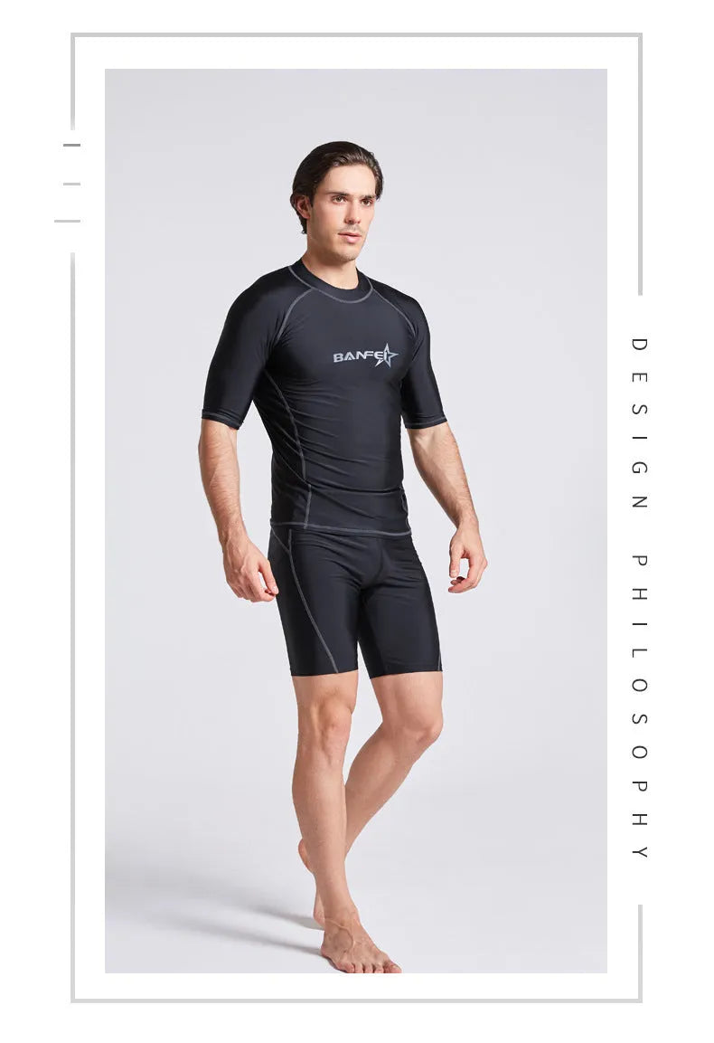Men's navy blue quick-dry nylon swimsuit set with half sleeves and long swim pants