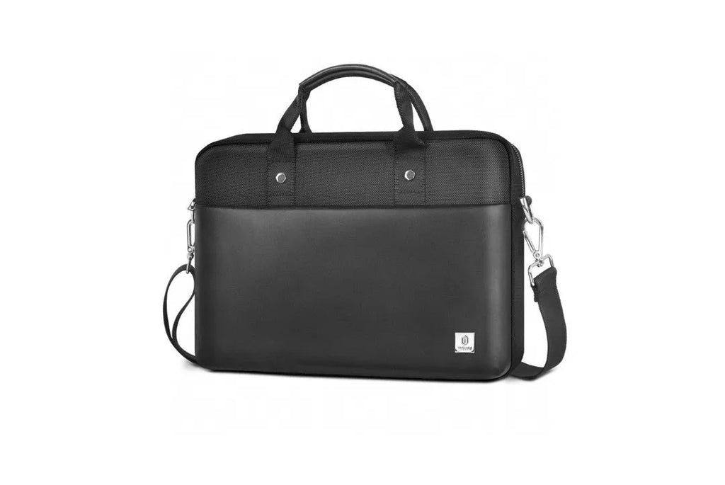 Black oxford cloth laptop backpack showing multiple pockets and a separate padded computer compartment.