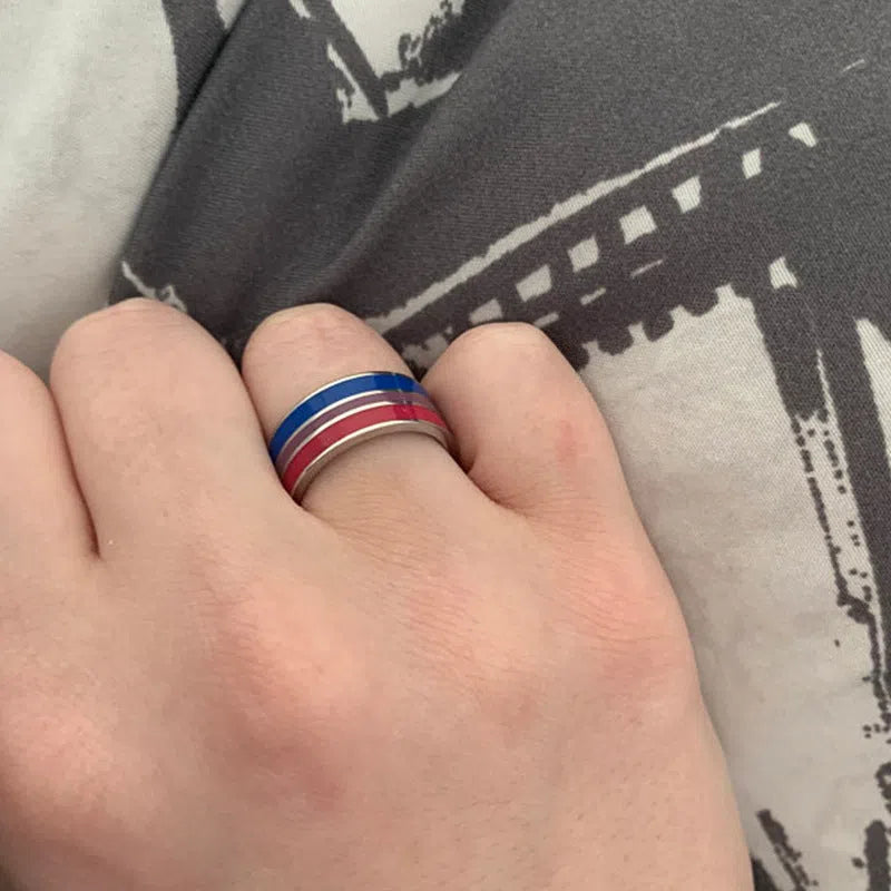 Bisexual pride stainless steel ring, geometric unisex alternative style, available in sizes 6 to 13