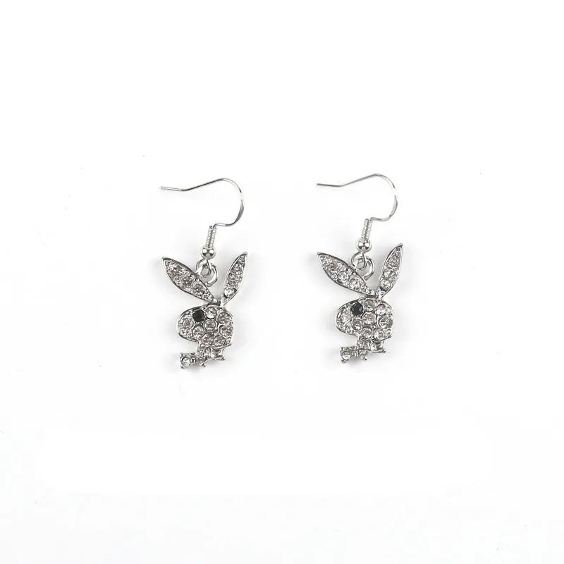 Rabbit-shaped stud earrings with diamond design in silver, pink, and gold alloy