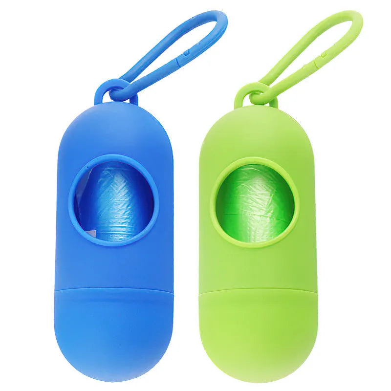 Plastic dog waste bag dispenser holder with a side hook, shown in blue colour