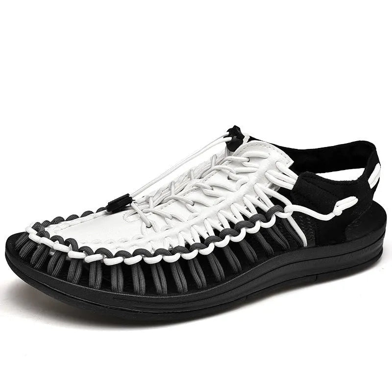 Woven Roman-style sandals with drawstring tie closure in multiple colour options
