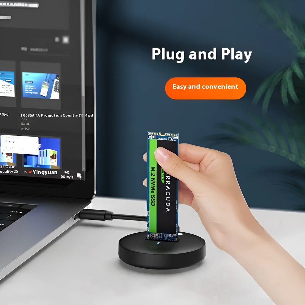 Black external hard disk enclosure for M.2 NVME SSDs with Type-C port