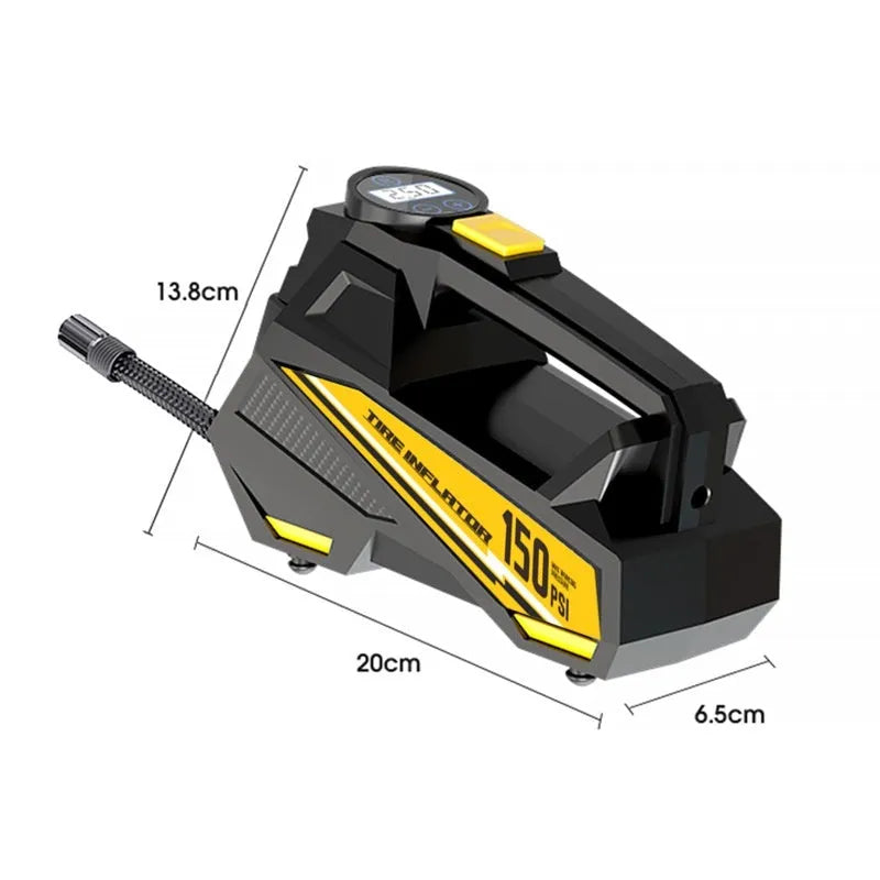Black portable 12V car tyre inflator with digital display and LED light on ABS housing.