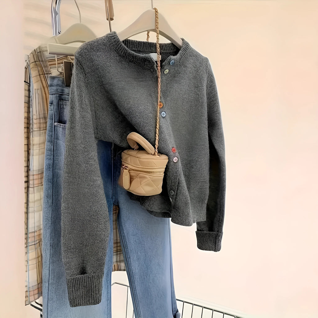 Women's dark grey solid colour polyester cardigan with button front and long sleeves.