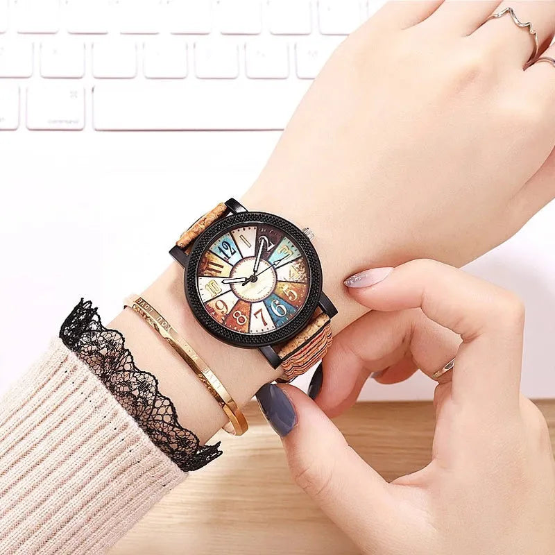 Women's vintage casual quartz watch with brown leather strap and 37mm round dial