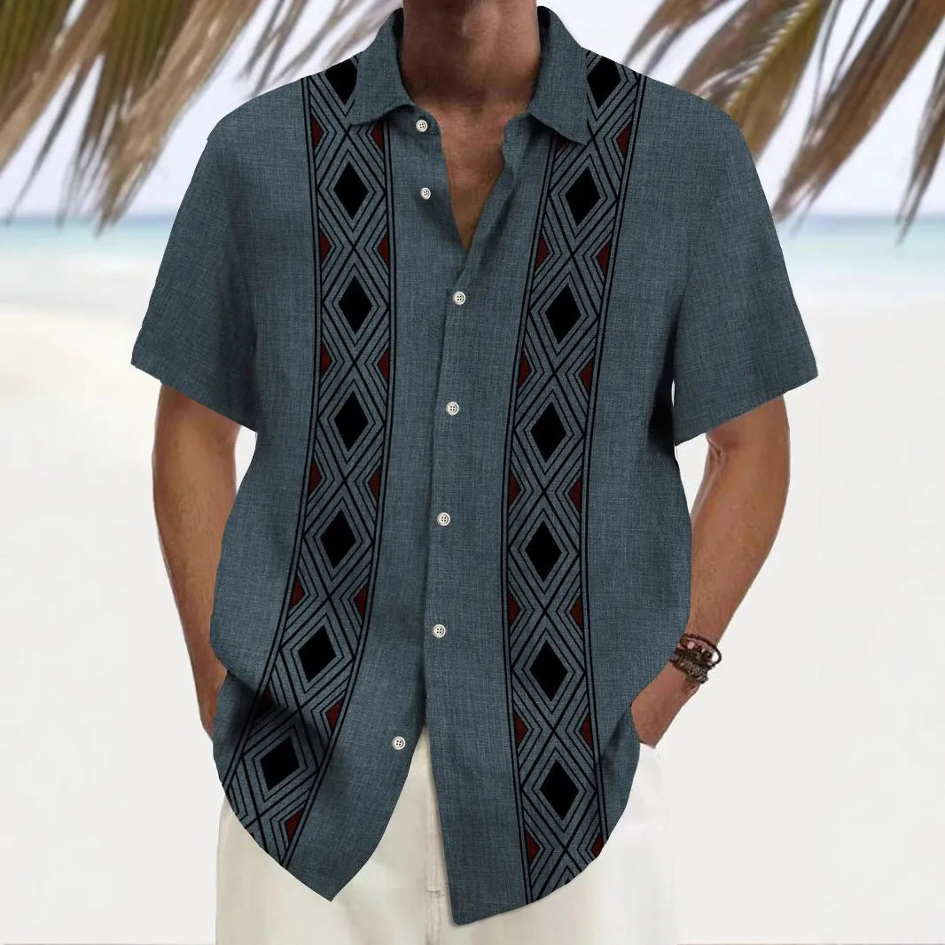 Multicolour printed men's leisure shirt with loose fit cardigan style on hanger