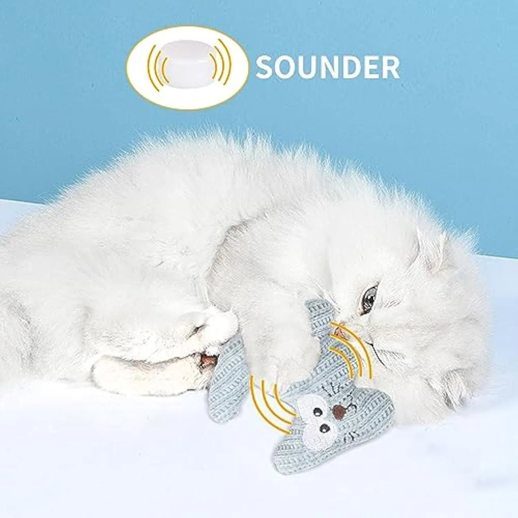 Cyan knitted plush cat toy with bell and organic catnip filling on a white background.