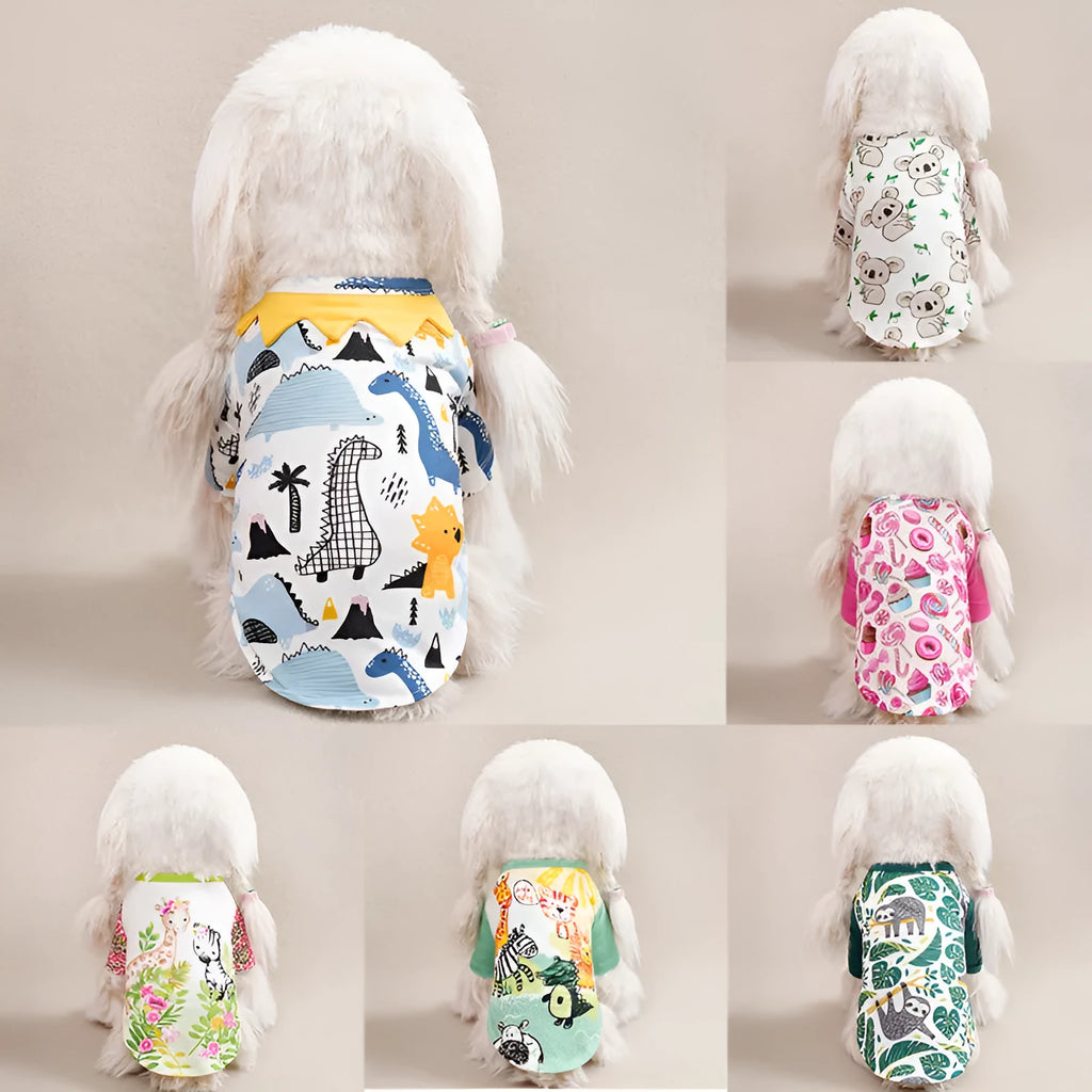 Full printed casual polyester t-shirt for small dogs, shown in multiple colour options with size chart.