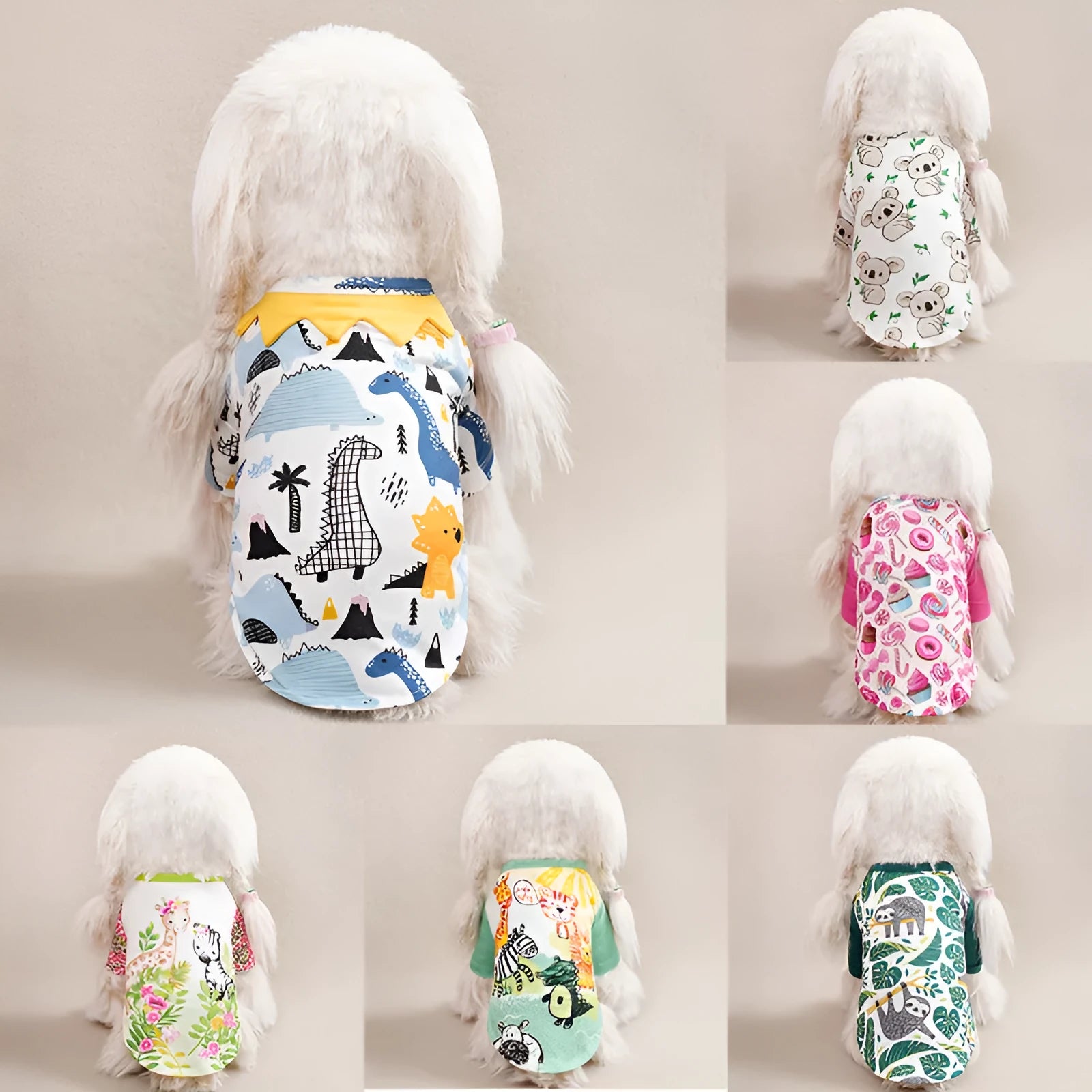 Full printed casual polyester t-shirt for small dogs, shown in multiple colour options with size chart.
