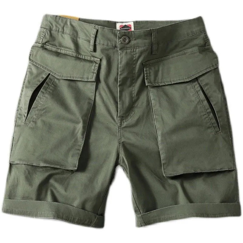 Men's stretch cotton cargo shorts in khaki with multiple pockets and straight-leg fit.