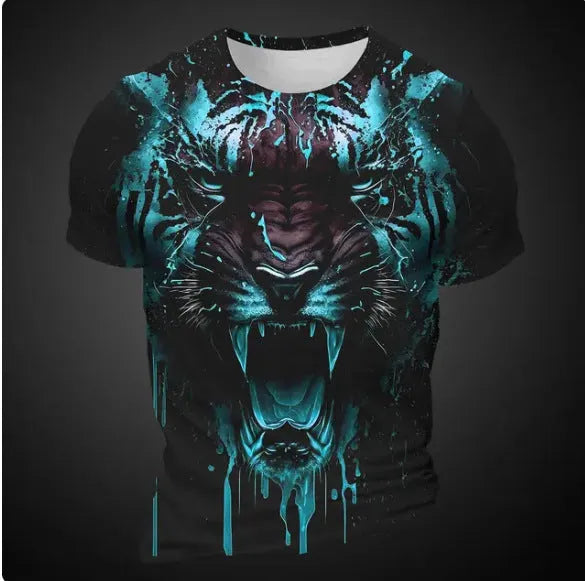 Men's grey t-shirt with a detailed 3D tiger face print on the chest.