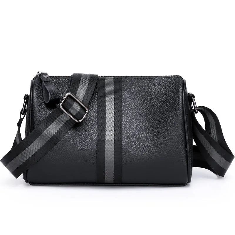 Black genuine leather crossbody bag with dimensions 24cm wide by 16cm high by 13cm deep