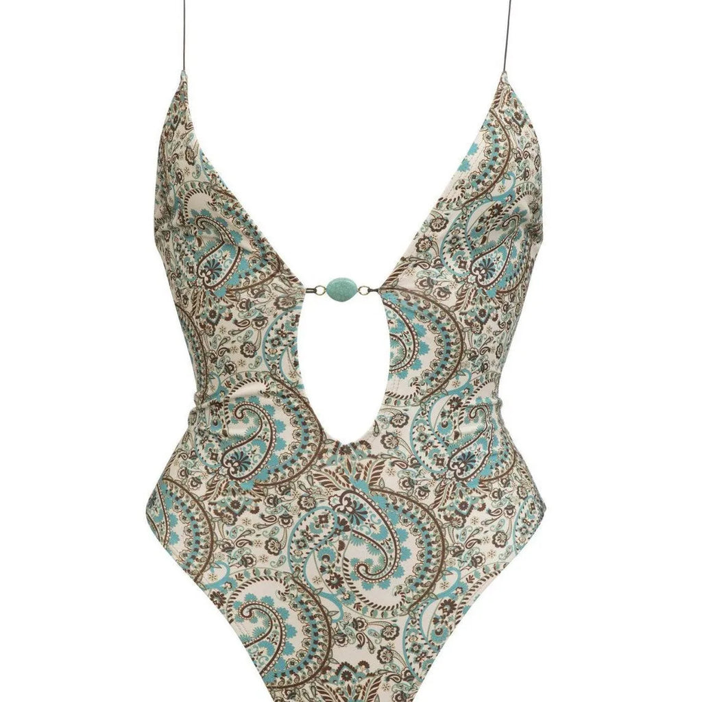 Printed deep V one piece swimsuit for women with lace up backless design, floral pattern on polyester fabric
