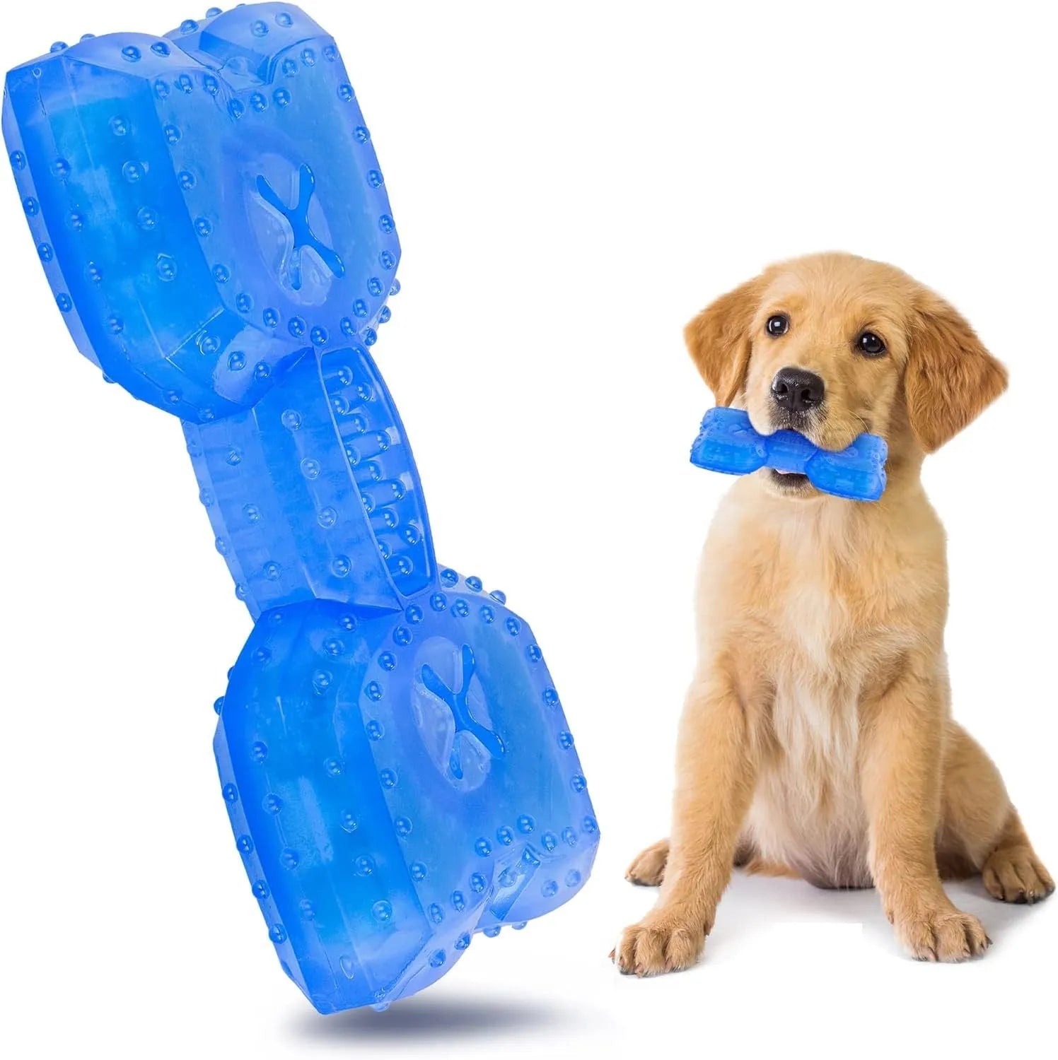 Freezable dog teething toy in bones and circles shapes with treat pocket