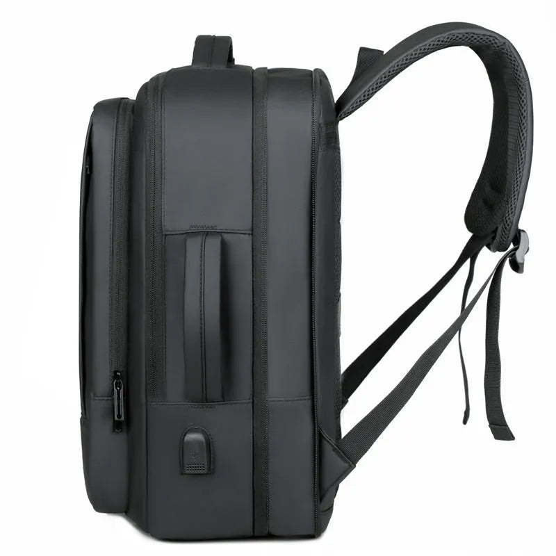 Men's black waterproof Oxford cloth backpack with curved shoulder straps showing business design
