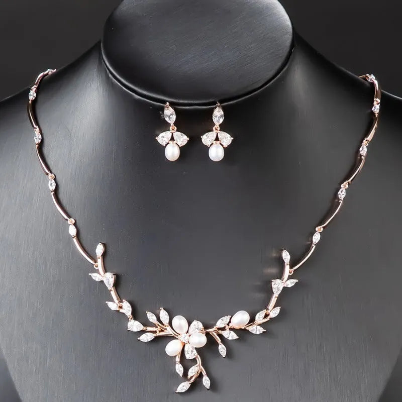 Sweet Pearl Zircon ear stud and necklace jewellery suit in copper alloy with electroplated finish