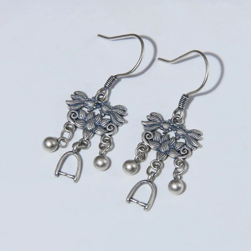 925 silver koi fish earrings handmade retro ethnic style ear hook women's sterling silver jewellery