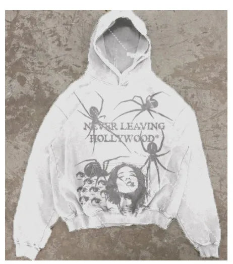 Spider retro loose unisex hoodie in washed old colour, long sleeves, pullover style