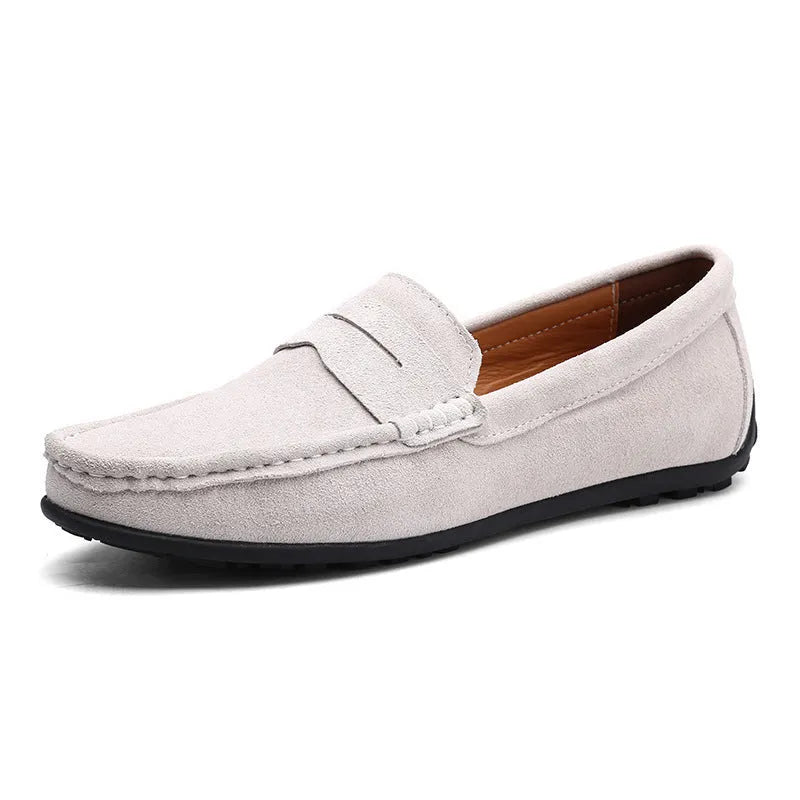 Men's suede Gommino loafers in plus sizes on a flat rubber sole, shown in a colour option.