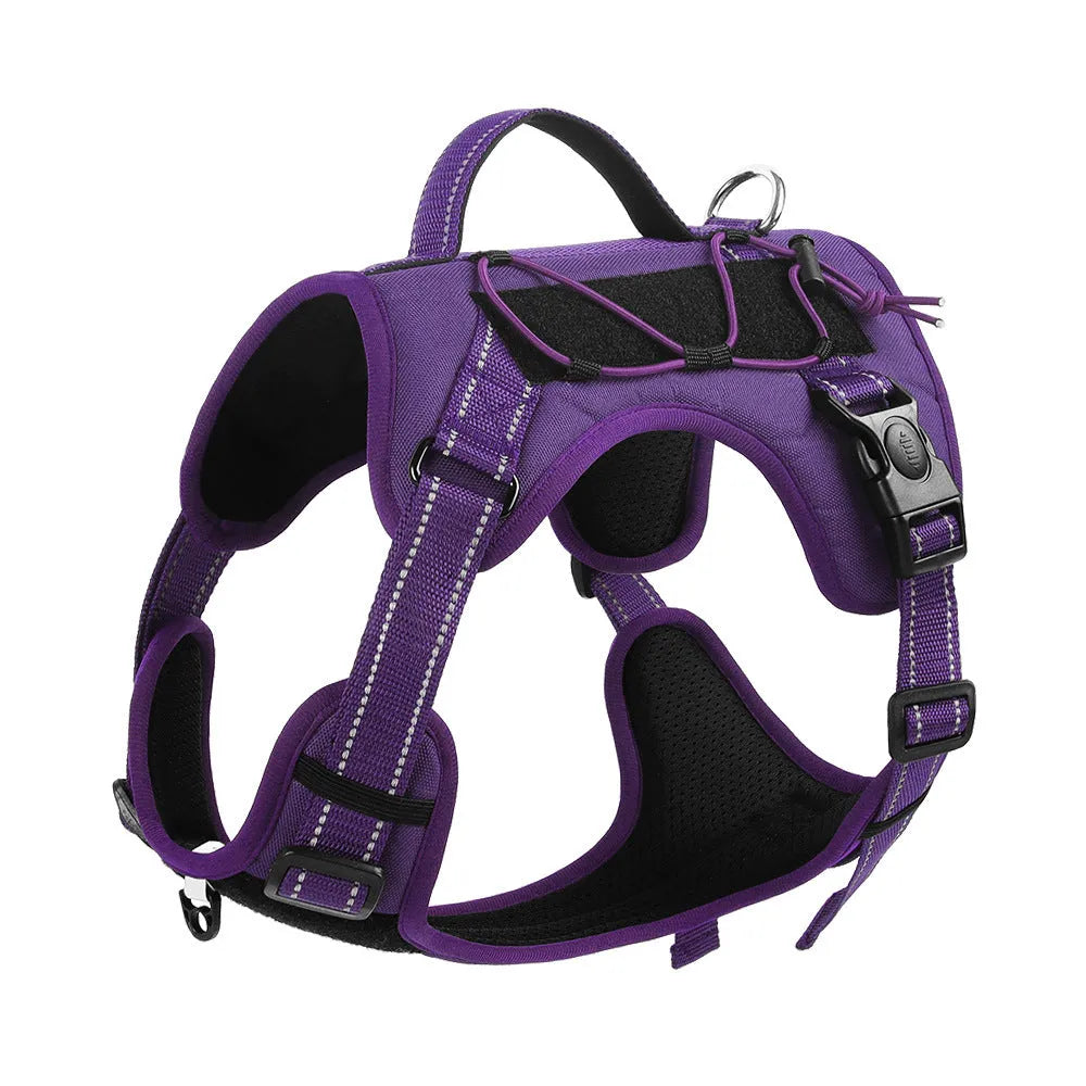 Reflective orange dog harness with black explosion-proof breast strap and full-hand grip rope
