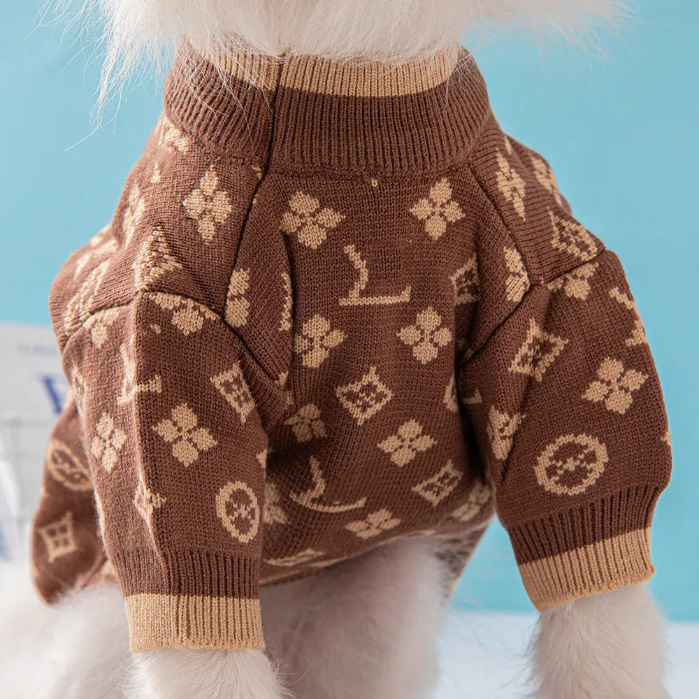 A thick wool knit dog jumper for autumn and winter, shown in a monochrome colour on a model dog.